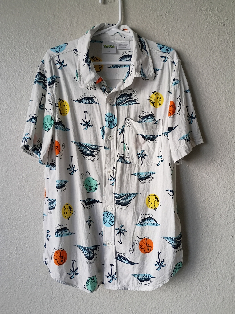 Boy's Pokemon Characters White Button Down Shirt Tropical Summer Beach Size Med